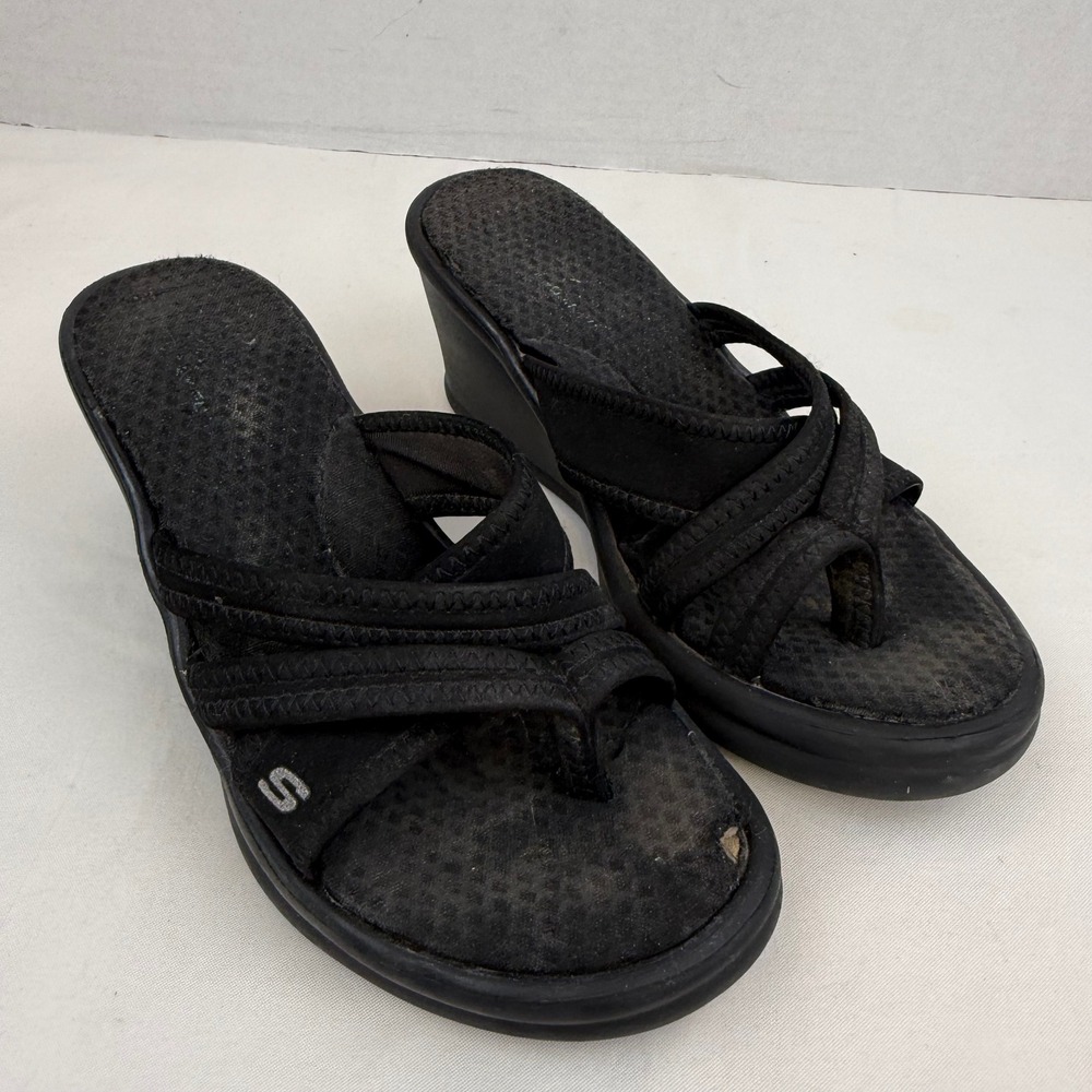 Y2K Vintage Skechers Cali Black Wedge Sandals Platform Thong Slides Size 6